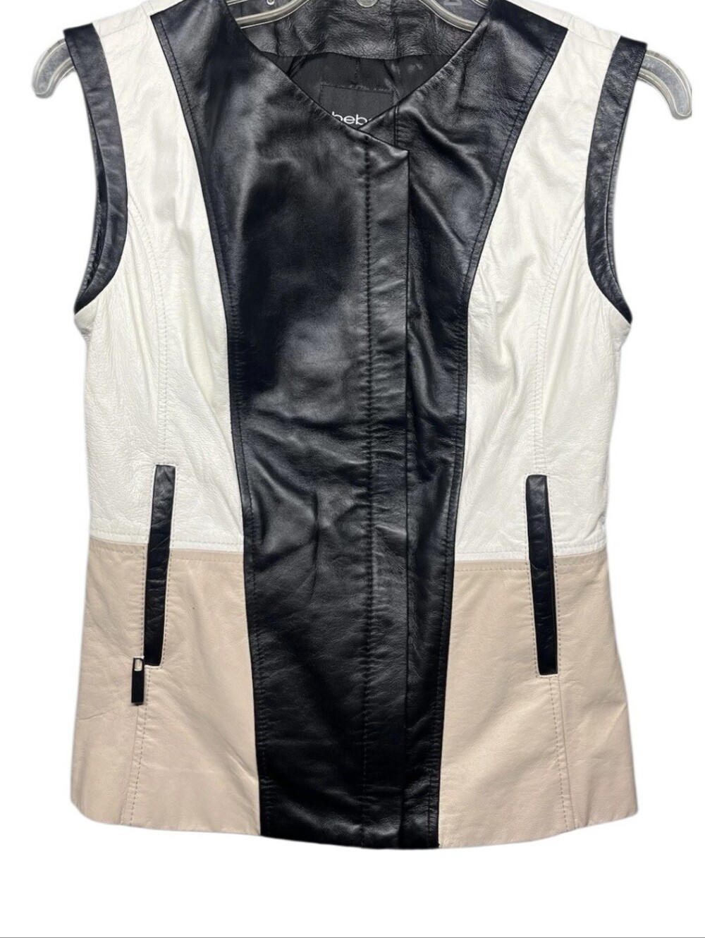 bebe Womens Leather Black, White & Tan Colorblock Leather Vest - Picture 4 of 10